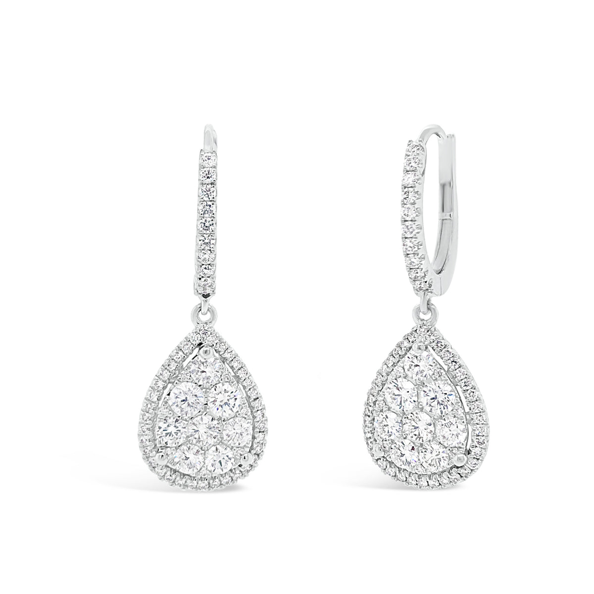 Diamond Cluster Teardrop Lever-Back Earrings  -18K gold weighing 5.26 grams  -116 round diamonds totaling 1.23 carats  -6 round diamonds totaling 0.53 carats 