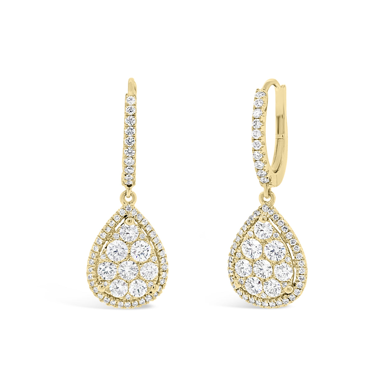 Diamond Cluster Teardrop Lever-Back Earrings  -18K gold weighing 5.26 grams  -116 round diamonds totaling 1.23 carats  -6 round diamonds totaling 0.53 carats 