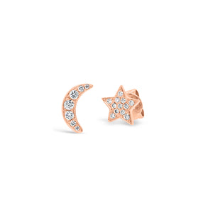 Diamond Moon & Star Stud Earrings - 14K rose gold weighing 1.14 grams. - 19 round diamonds totaling 0.13 carats.