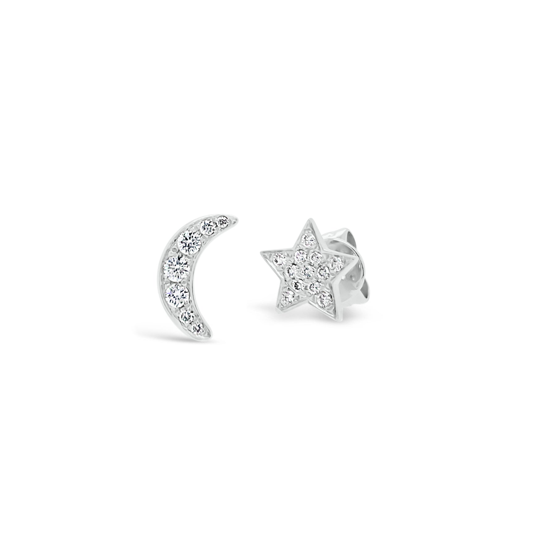 Diamond Moon & Star Stud Earrings - 14K white gold weighing 1.14 grams. - 19 round diamonds totaling 0.13 carats.