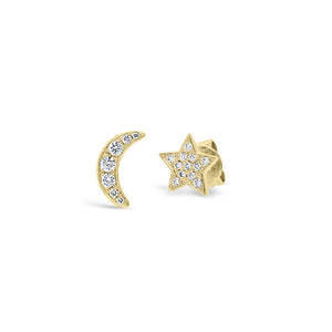 Diamond Moon & Star Stud Earrings - 14K yellow gold weighing 1.14 grams. - 19 round diamonds totaling 0.13 carats.