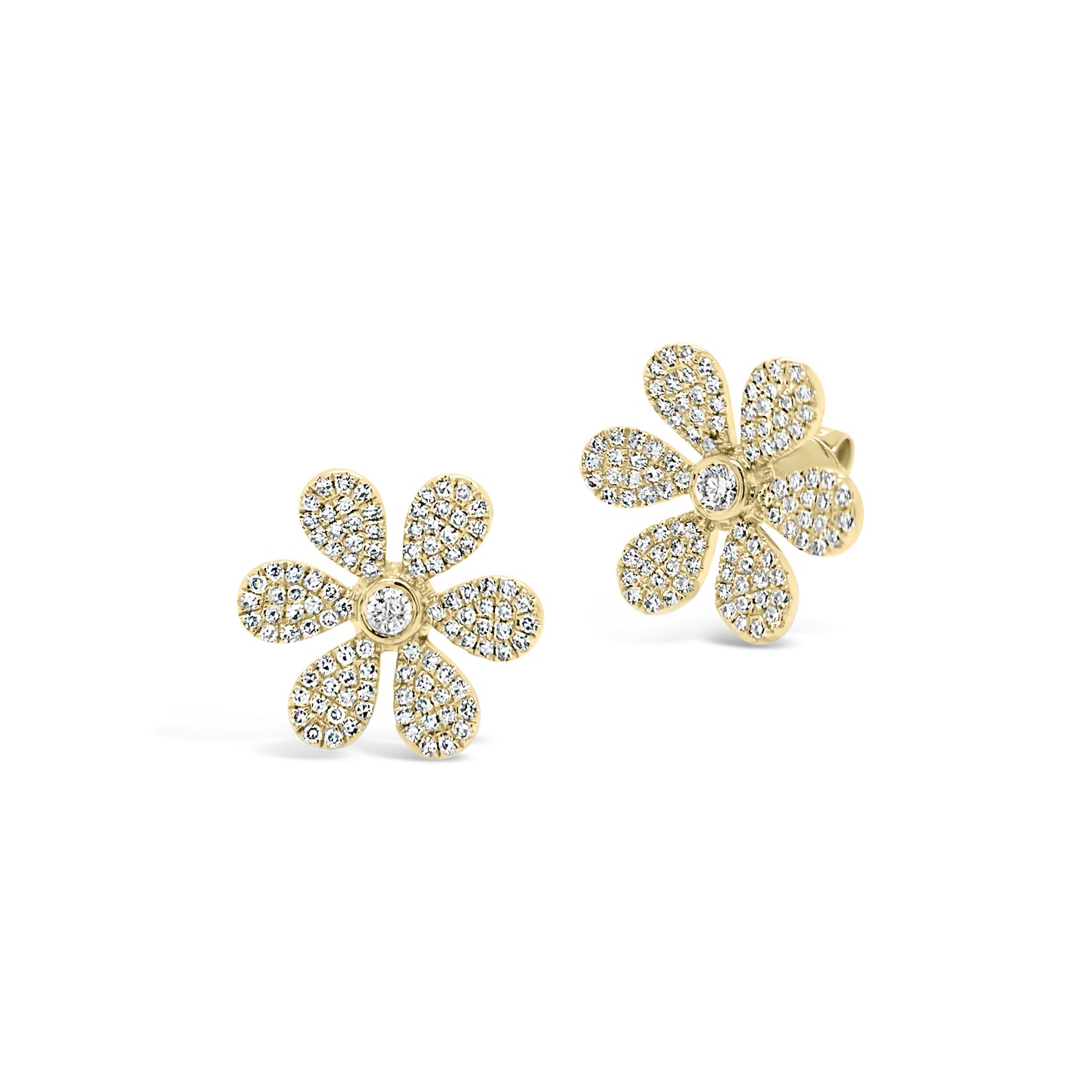 Diamond large daisy stud earring - 14K gold weighing 2.92 grams.  - 206 round diamonds totaling 0.60 carats.