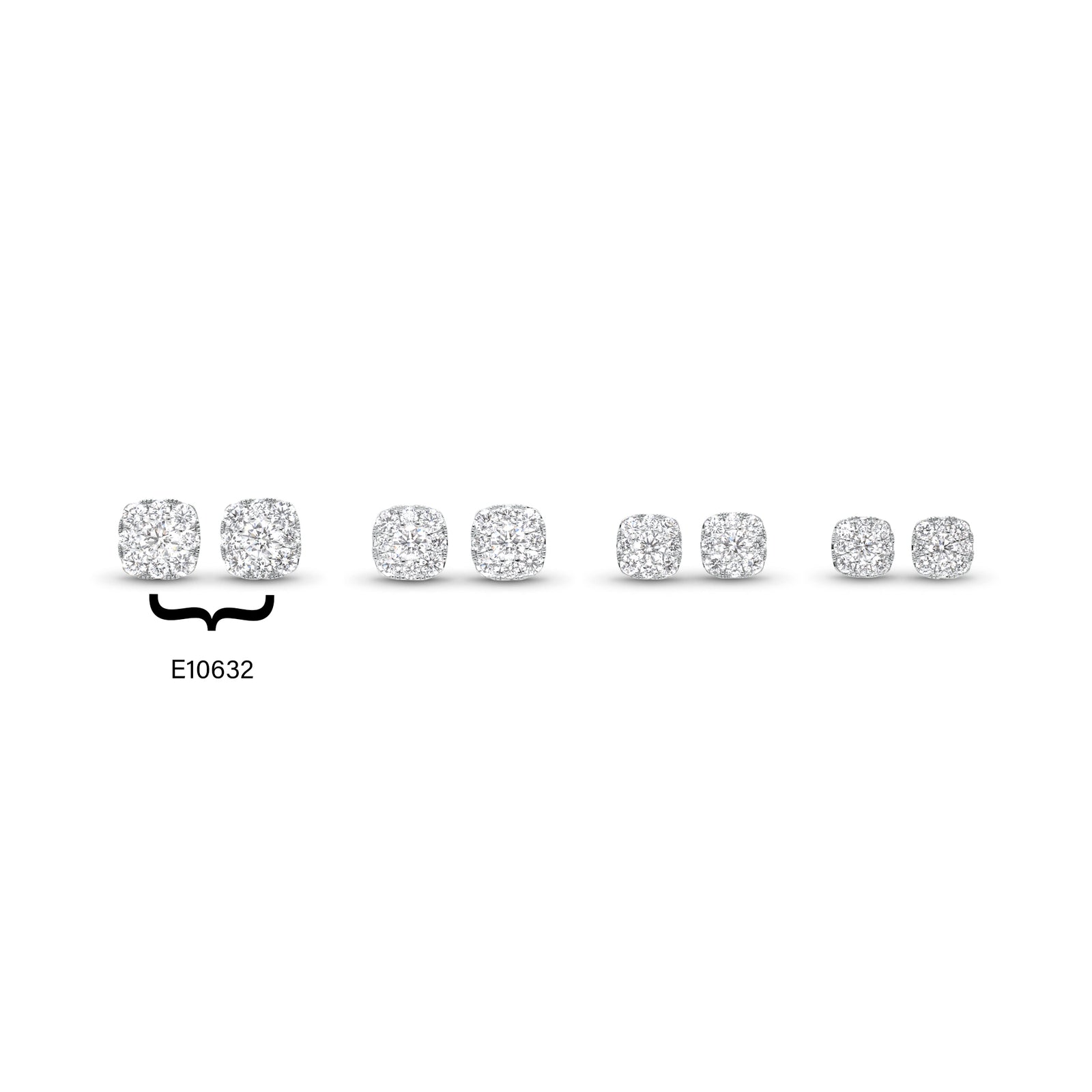 cushion diamond halo stud earrings 18k gold, 2.27 grams, 2 round shared prong-set brilliant diamonds .51 carats, 16 round shared prong-set brilliant diamonds .84 carats.
