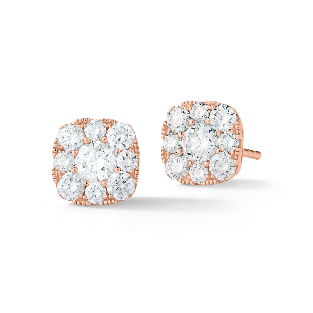 cushion diamond halo stud earrings 18k gold, 2.27 grams, 2 round shared prong-set brilliant diamonds .51 carats, 16 round shared prong-set brilliant diamonds .84 carats.
