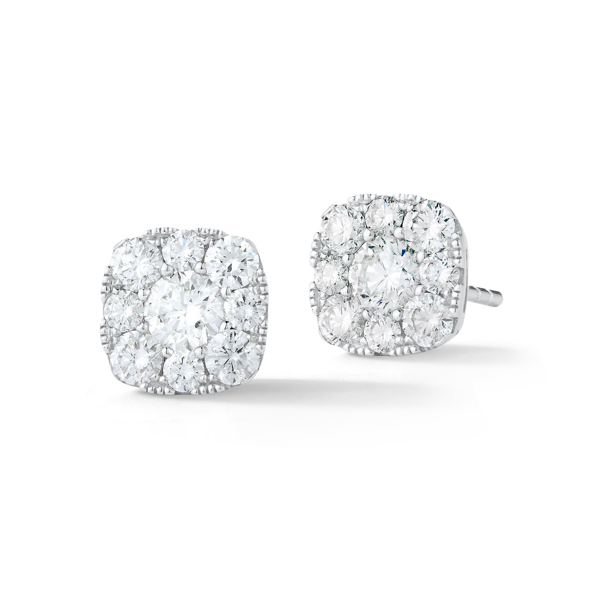 cushion diamond halo stud earrings 18k gold, 2.27 grams, 2 round shared prong-set brilliant diamonds .51 carats, 16 round shared prong-set brilliant diamonds .84 carats.