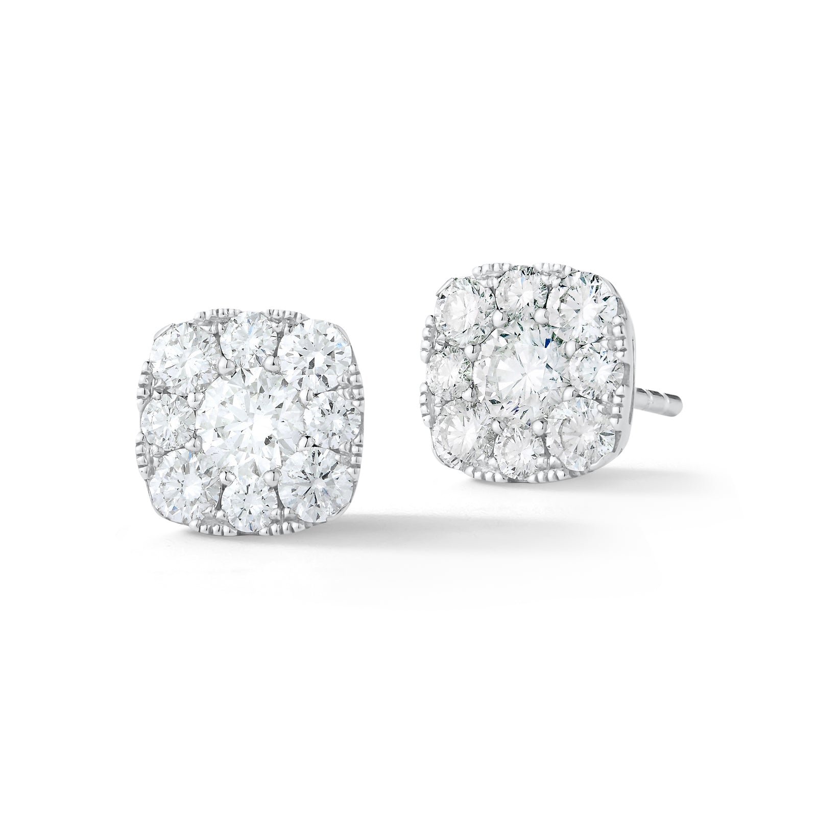 cushion diamond halo stud earrings 18k gold, 2.27 grams, 2 round shared prong-set brilliant diamonds .51 carats, 16 round shared prong-set brilliant diamonds .84 carats.