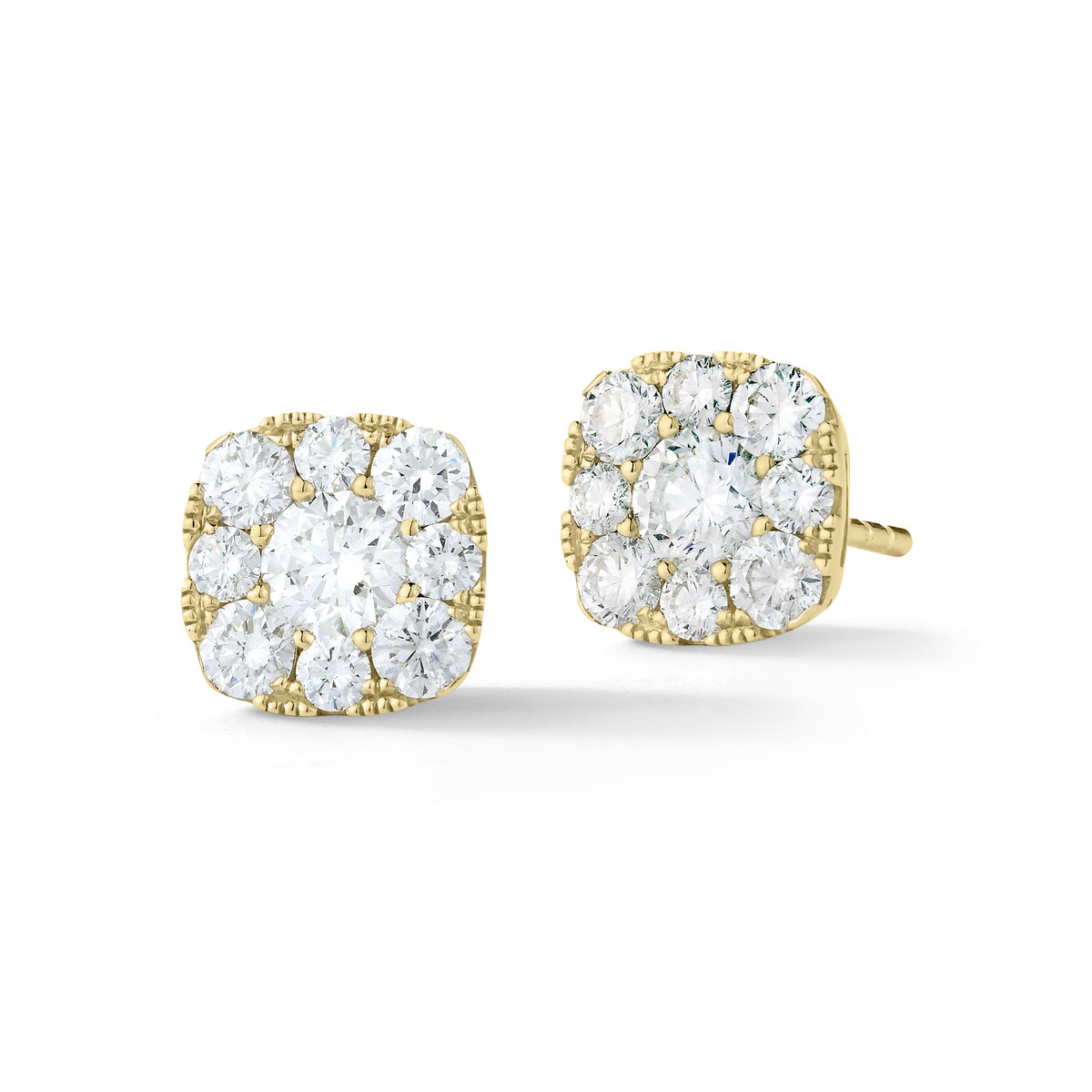 cushion diamond halo stud earrings 18k gold, 2.27 grams, 2 round shared prong-set brilliant diamonds .51 carats, 16 round shared prong-set brilliant diamonds .84 carats.