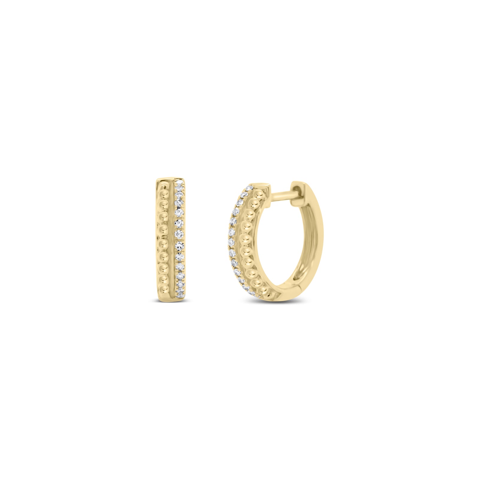 Diamond and Beaded Gold Huggie Earrings - 14K gold weighing 2.06 grams  - 28 round diamonds totaling 0.07 carats