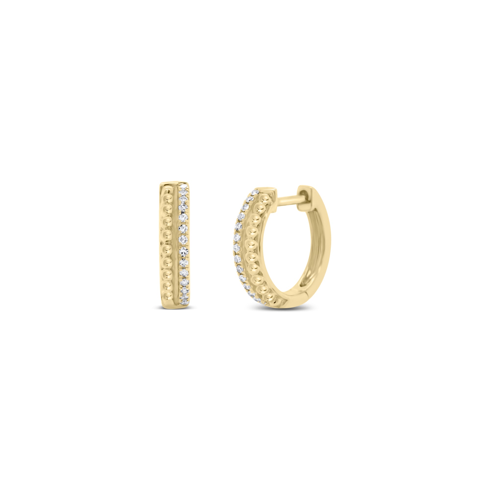 Diamond and Beaded Gold Huggie Earrings - 14K gold weighing 2.06 grams  - 28 round diamonds totaling 0.07 carats
