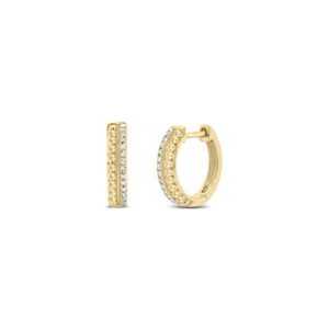 Diamond and Beaded Gold Huggie Earrings - 14K gold weighing 2.06 grams  - 28 round diamonds totaling 0.07 carats