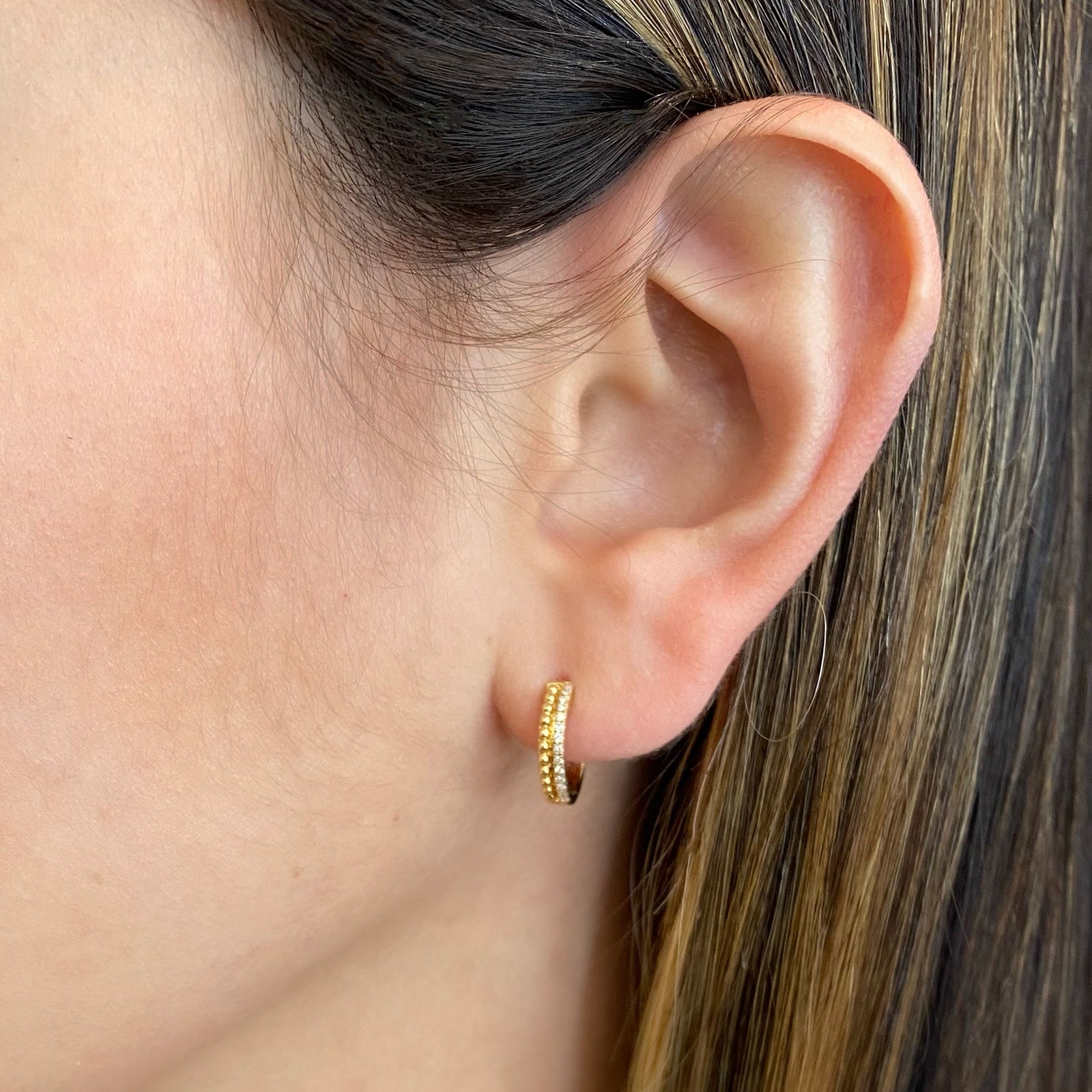 Diamond and Beaded Gold Huggie Earrings - 14K gold weighing 2.06 grams  - 28 round diamonds totaling 0.07 carats