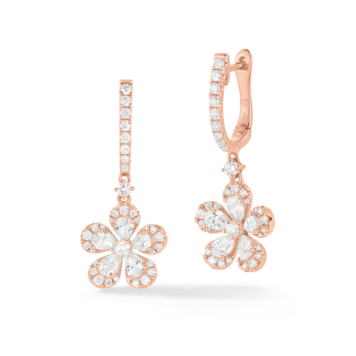 Diamond Flower Huggie Earrings  18k gold, 4.01 grams, 72 round diamonds .57 carats, 10 pear shape prong set diamonds 1.01 carats.