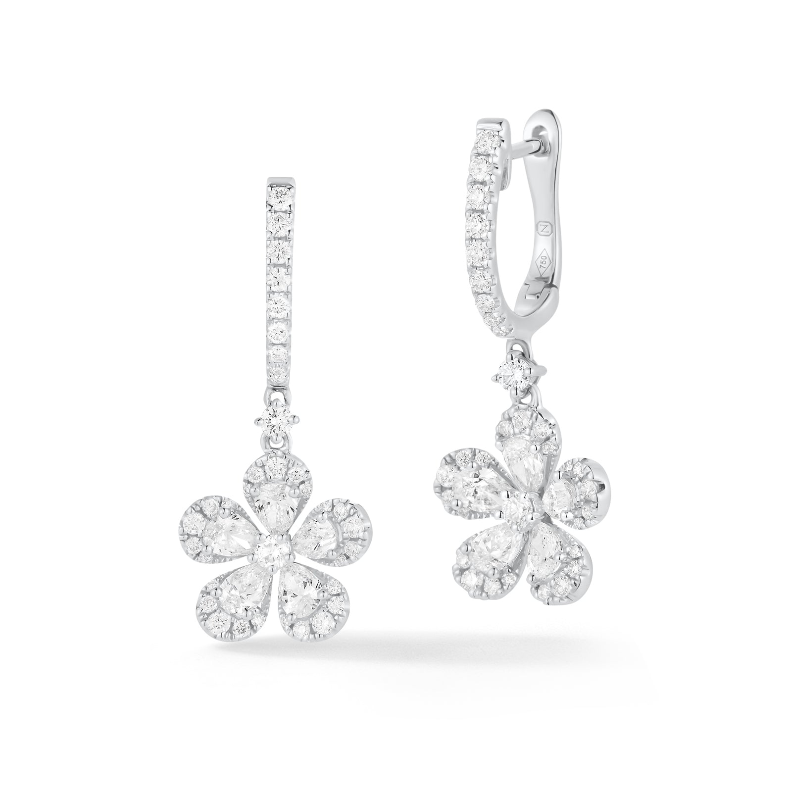 Diamond Flower Huggie Earrings  18k gold, 4.01 grams, 72 round diamonds .57 carats, 10 pear shape prong set diamonds 1.01 carats.