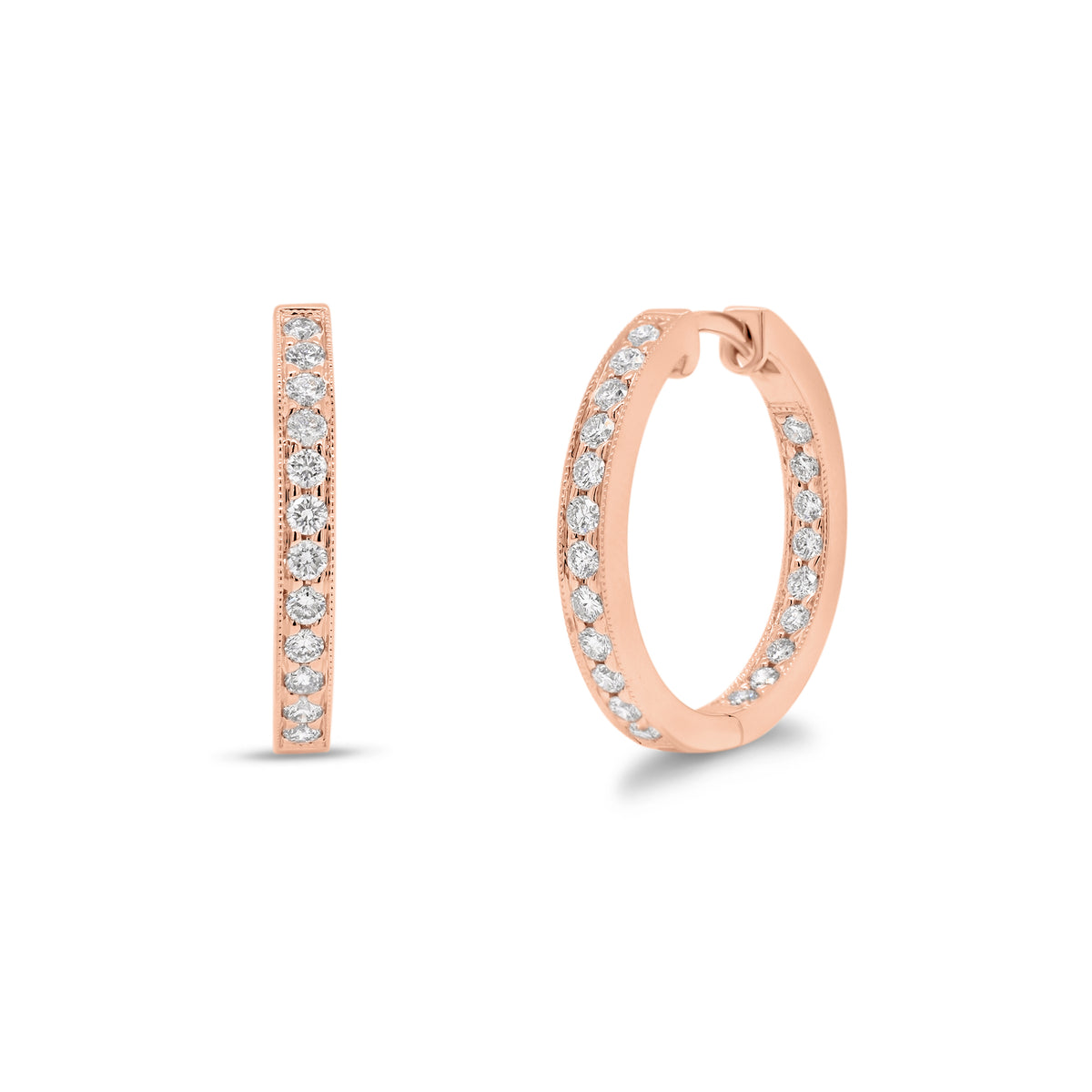 Diamond Interior-Exterior Hoop Earrings with Milgrain - 18K rose gold weighing 5.09 grams - 42 round diamonds totaling 0.60 carats