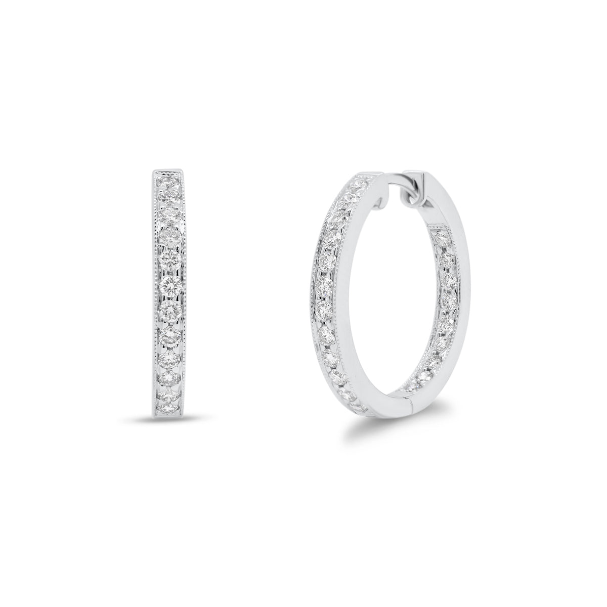 Diamond Interior-Exterior Hoop Earrings with Milgrain - 18K white gold weighing 5.09 grams - 42 round diamonds totaling 0.60 carats