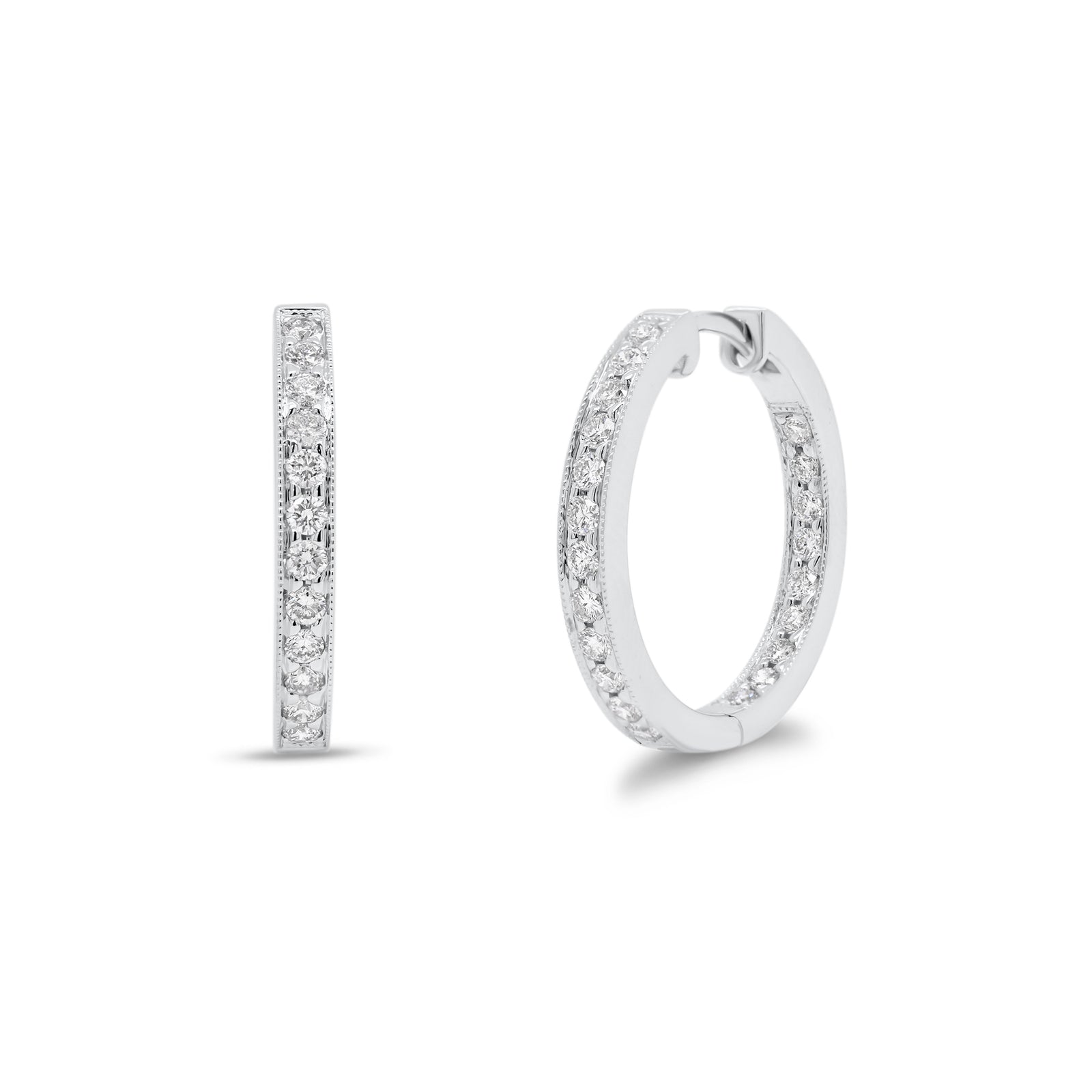 Diamond Interior-Exterior Hoop Earrings with Milgrain - 18K white gold weighing 5.09 grams - 42 round diamonds totaling 0.60 carats