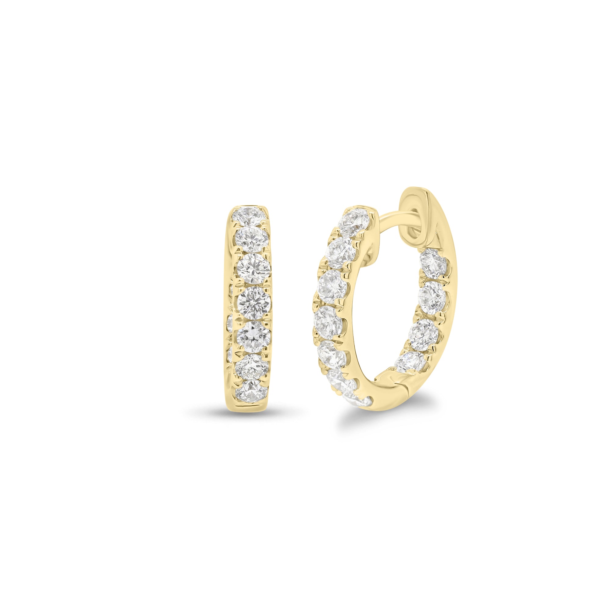 Solid 14K yellow gold weighing 2.77 grams featuring 18 round diamonds weighing 0.39 carats  0.39 ct Huggie Earrings | Nuha Jewelers