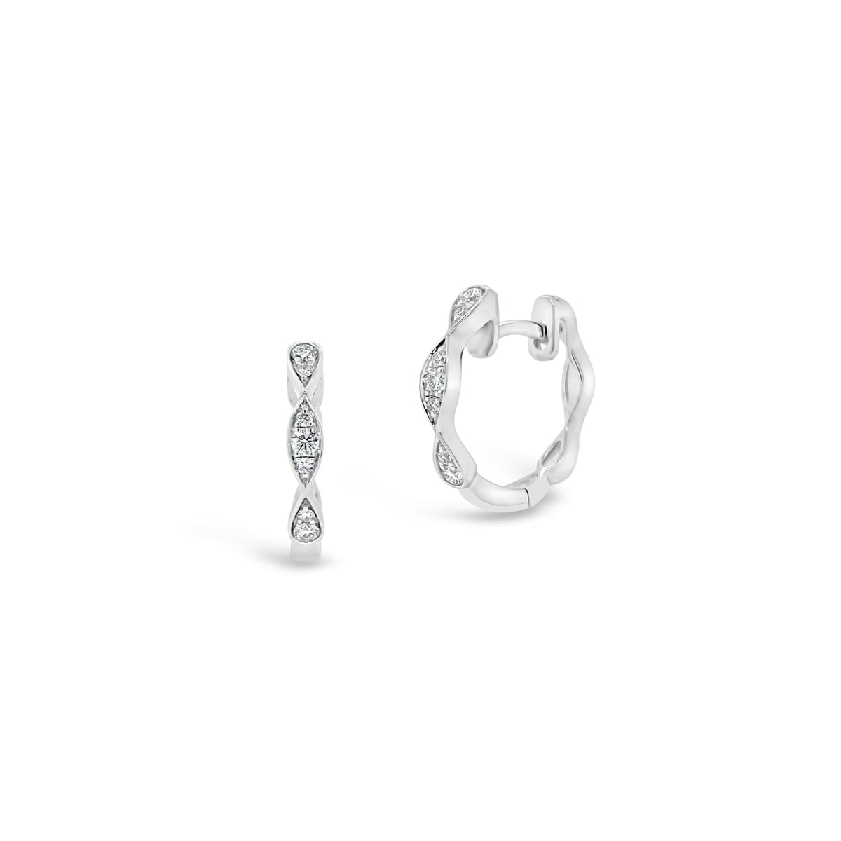 Small Diamond Wavy Huggie Earrings  -18K gold weighing 2.26 grams  -14 round diamonds totaling 0.15 carats