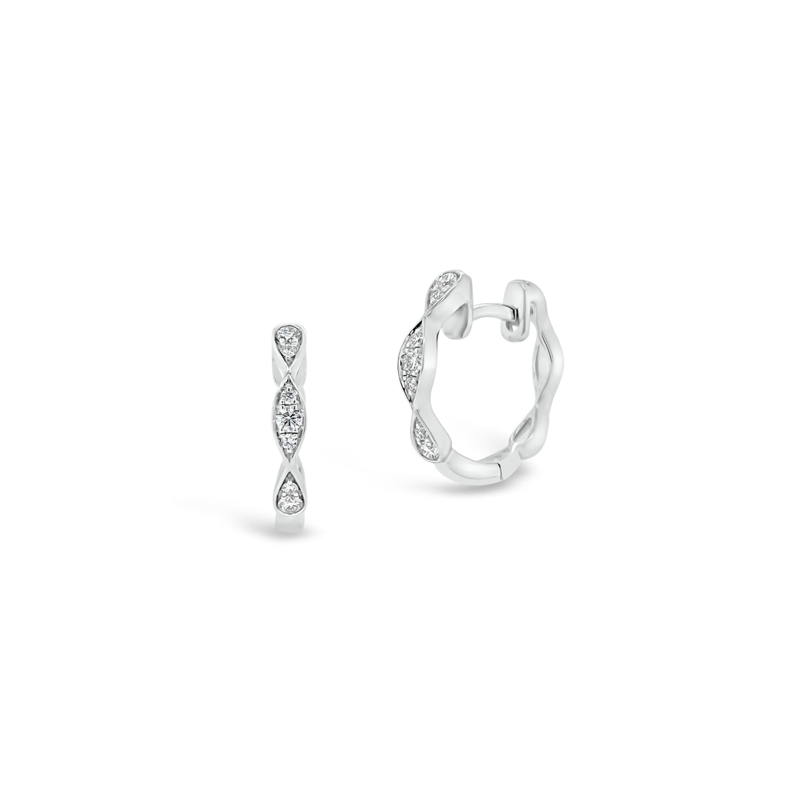 Small Diamond Wavy Huggie Earrings  -18K gold weighing 2.26 grams  -14 round diamonds totaling 0.15 carats