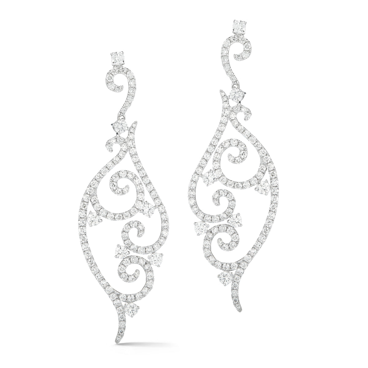 Diamond Swirl Earrings  18k gold, 6.88 grams, 14 round prong-set diamonds .8 carats, 200 round shared prong-set diamonds 2.22 carats.