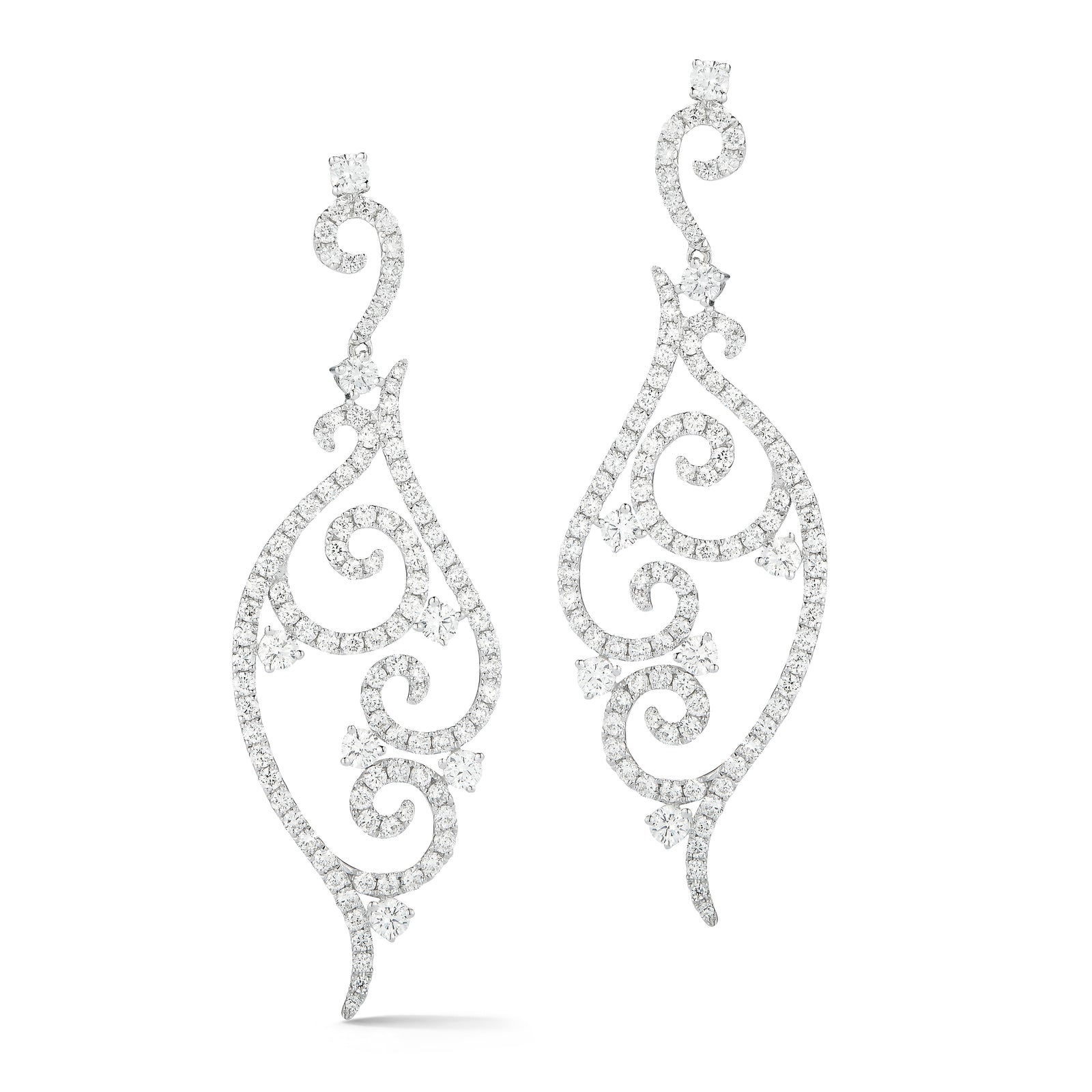 Diamond Swirl Earrings  18k gold, 6.88 grams, 14 round prong-set diamonds .8 carats, 200 round shared prong-set diamonds 2.22 carats.