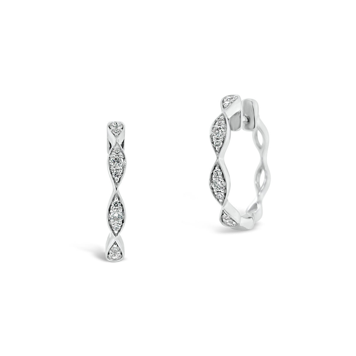 Large Diamond Wavy Hoop Earrings -18K gold weighing 2.72 grams  -20 round diamonds totaling 0.21 carats