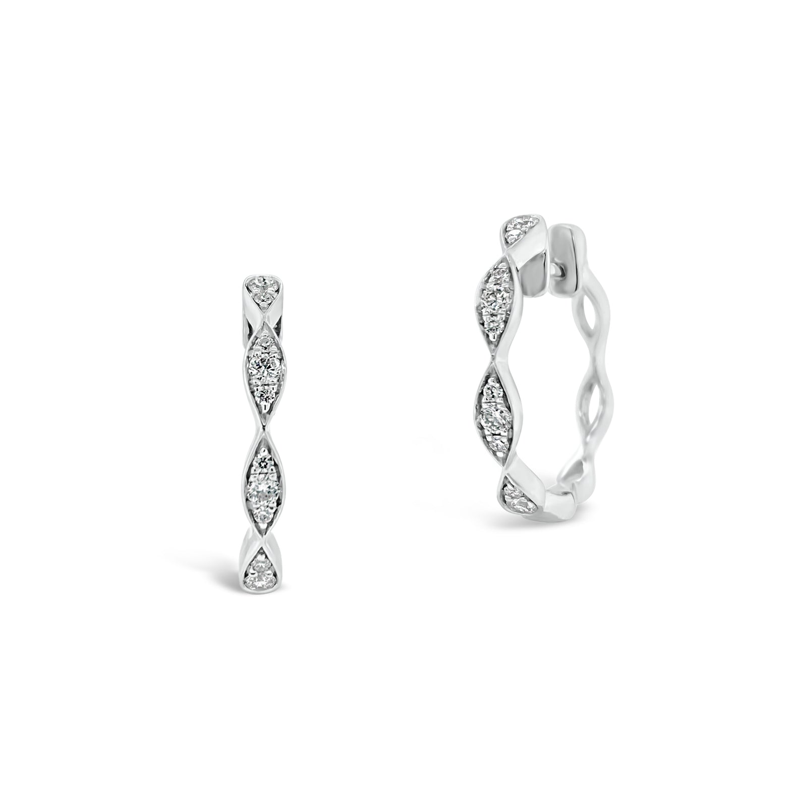 Large Diamond Wavy Hoop Earrings -18K gold weighing 2.72 grams  -20 round diamonds totaling 0.21 carats