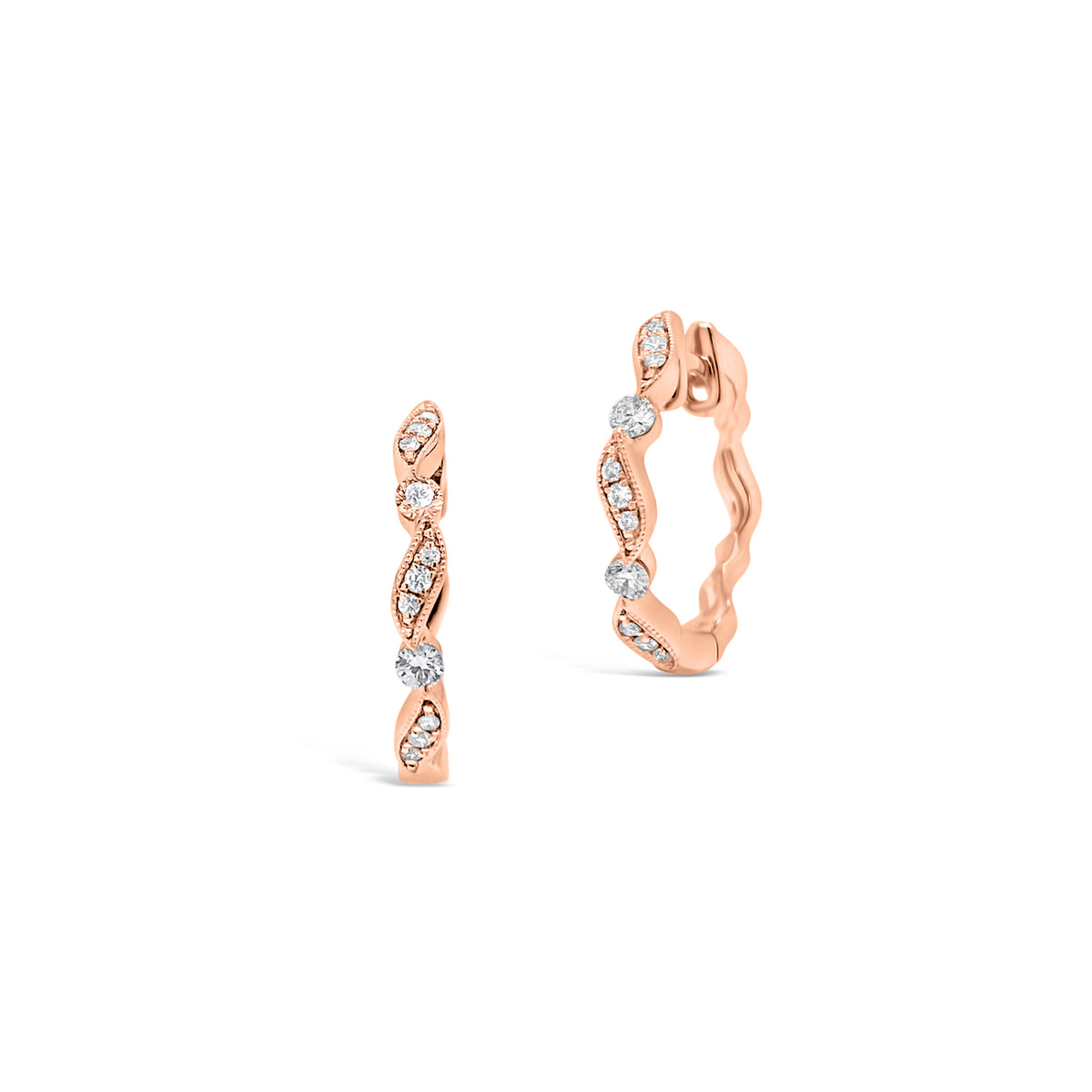 Small Diamond Ribbon Huggie Earrings -18K gold weighing 2.27 grams  -22 round diamonds totaling 0.15 carats