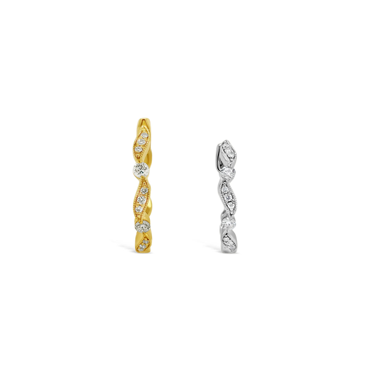 Small Diamond Ribbon Huggie Earrings -18K gold weighing 2.27 grams  -22 round diamonds totaling 0.15 carats