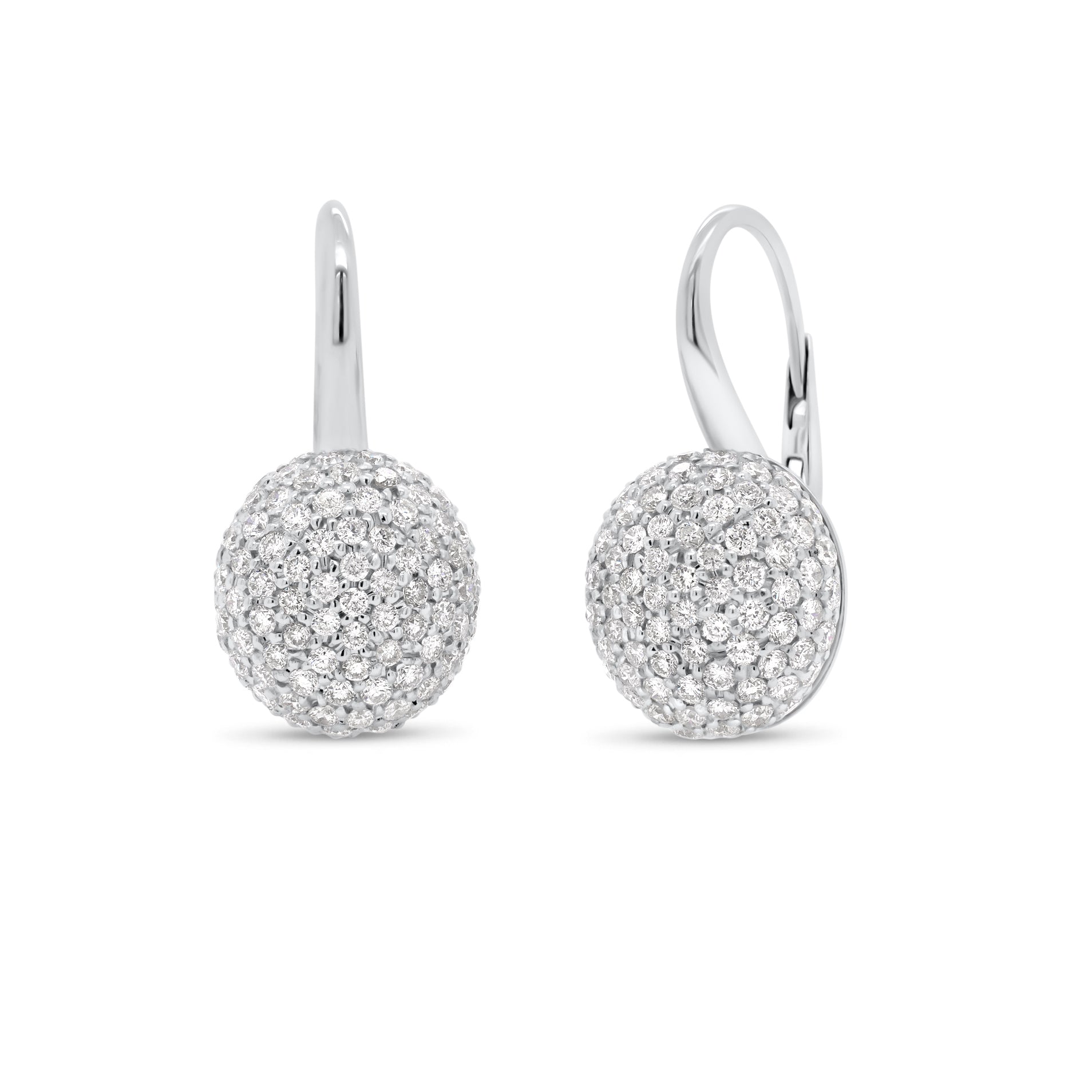 Diamond Domed Lever-Back Earrings.  -18K white gold weighing 6.42 grams  -190 round pave set diamonds totaling 2.23 carats