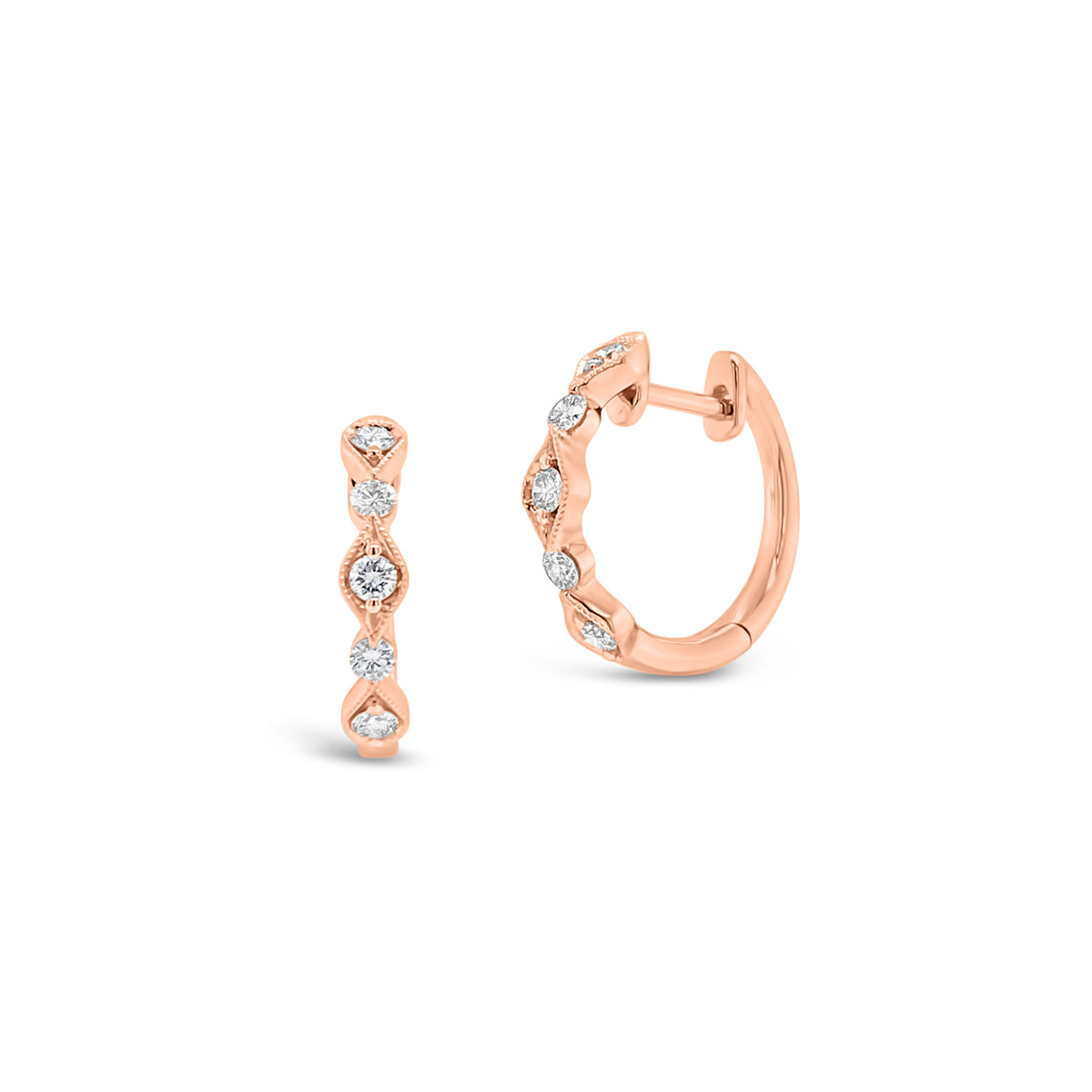 Diamond Milgrain Wavy Huggie Earrings -18K rose gold weighing 2.59 grams -10 round diamonds totaling 0.28 carats