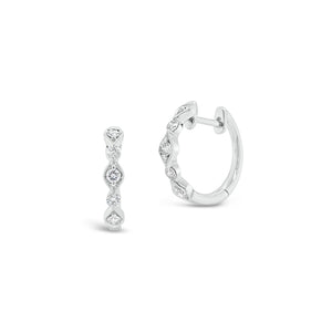 Diamond Milgrain Wavy Huggie Earrings -18K white gold weighing 2.59 grams -10 round diamonds totaling 0.28 carats