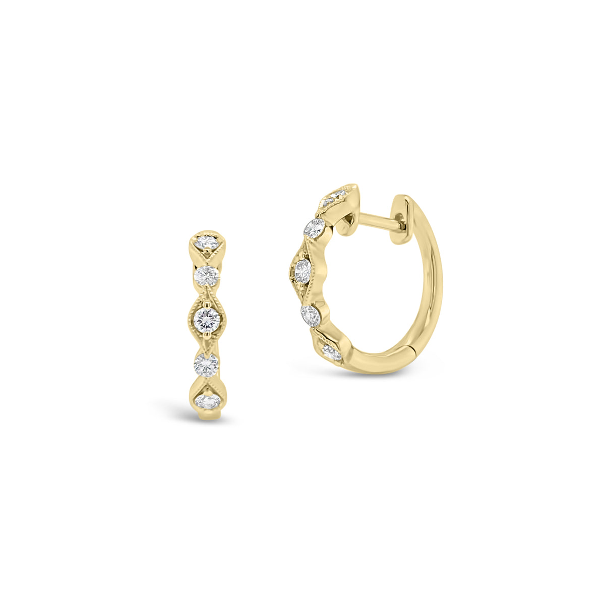 Diamond Milgrain Wavy Huggie Earrings -18K yellow gold weighing 2.59 grams -10 round diamonds totaling 0.28 carats