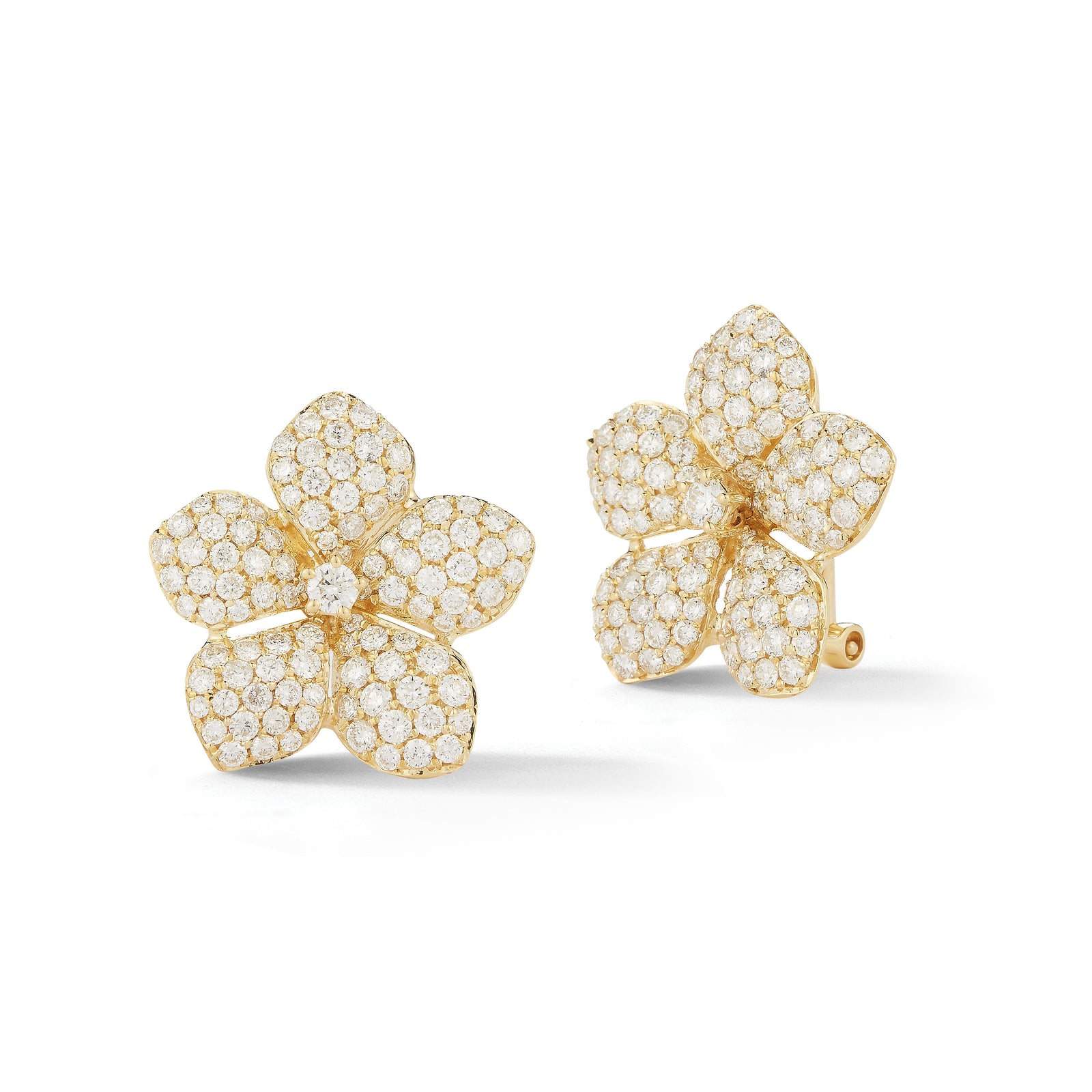 pave-set diamond flower clip earrings 18k gold, 4.03 grams, 204 round brilliant cut pave-set diamonds 1.67 carats.  Earring size 17 millimeters.