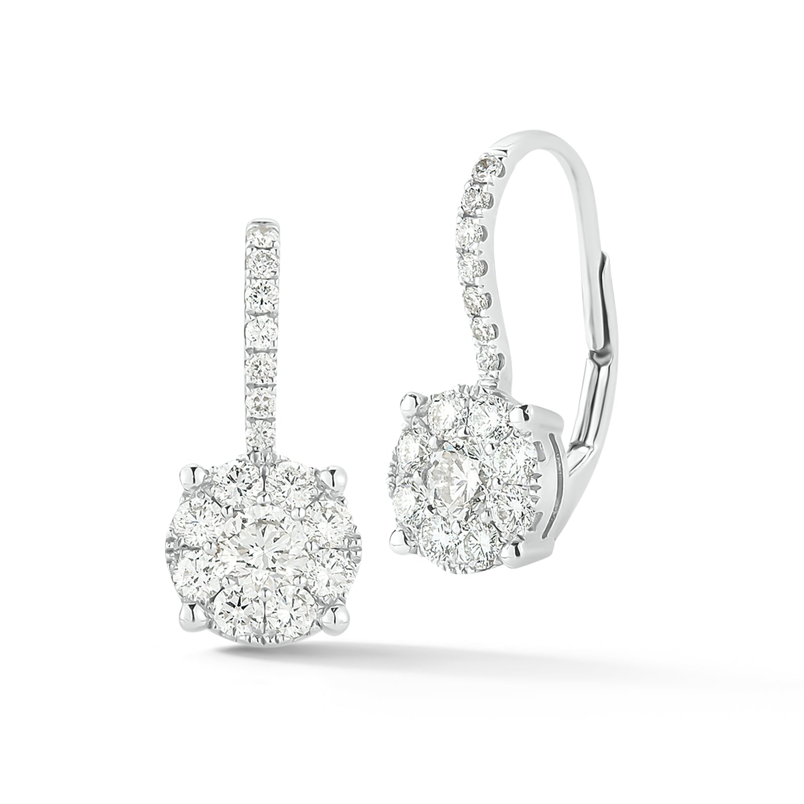 Diamond Round Halo Lever-Back Earrings  -18K gold weighing 2.52 grams  -2 round diamonds totaling 0.34 carats  -30 round diamonds totaling 0.55 carats
