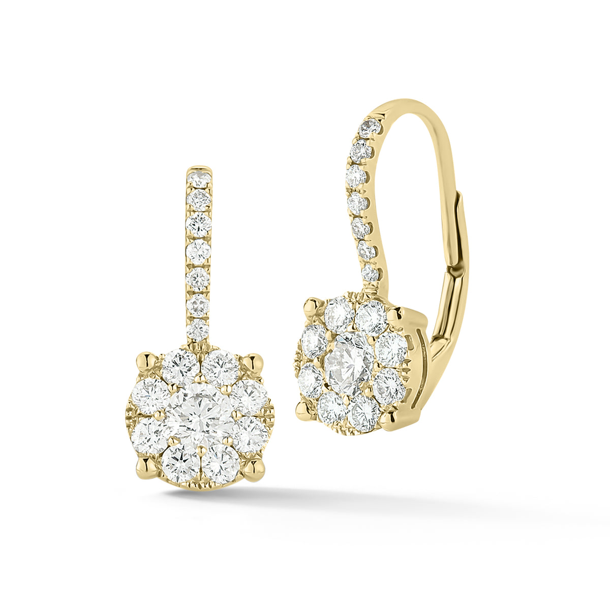Diamond Round Halo Lever-Back Earrings  -18K gold weighing 2.52 grams  -2 round diamonds totaling 0.34 carats  -30 round diamonds totaling 0.55 carats