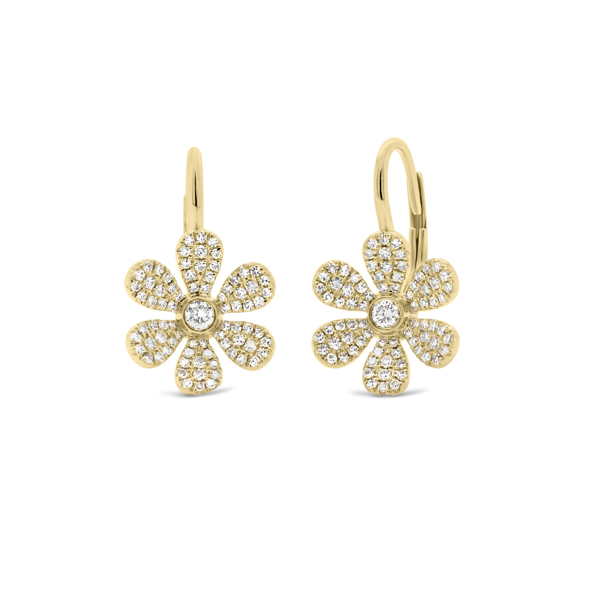 Diamond Large Flower Lever-Back Earrings  - 14K gold weighing 2.14 grams  - 158 round diamonds totaling 0.39 carats