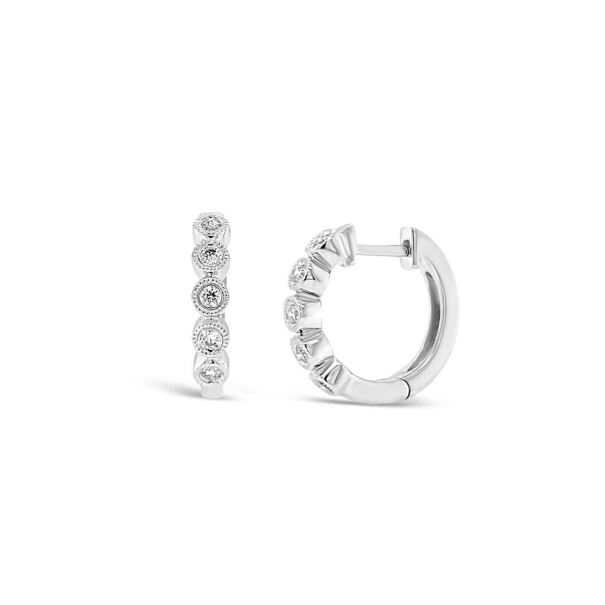 Diamond Huggie Earrings with Milgrain Detail - 14K white gold weighing 2.08 grams  - 10 round diamonds totaling 0.12 carats