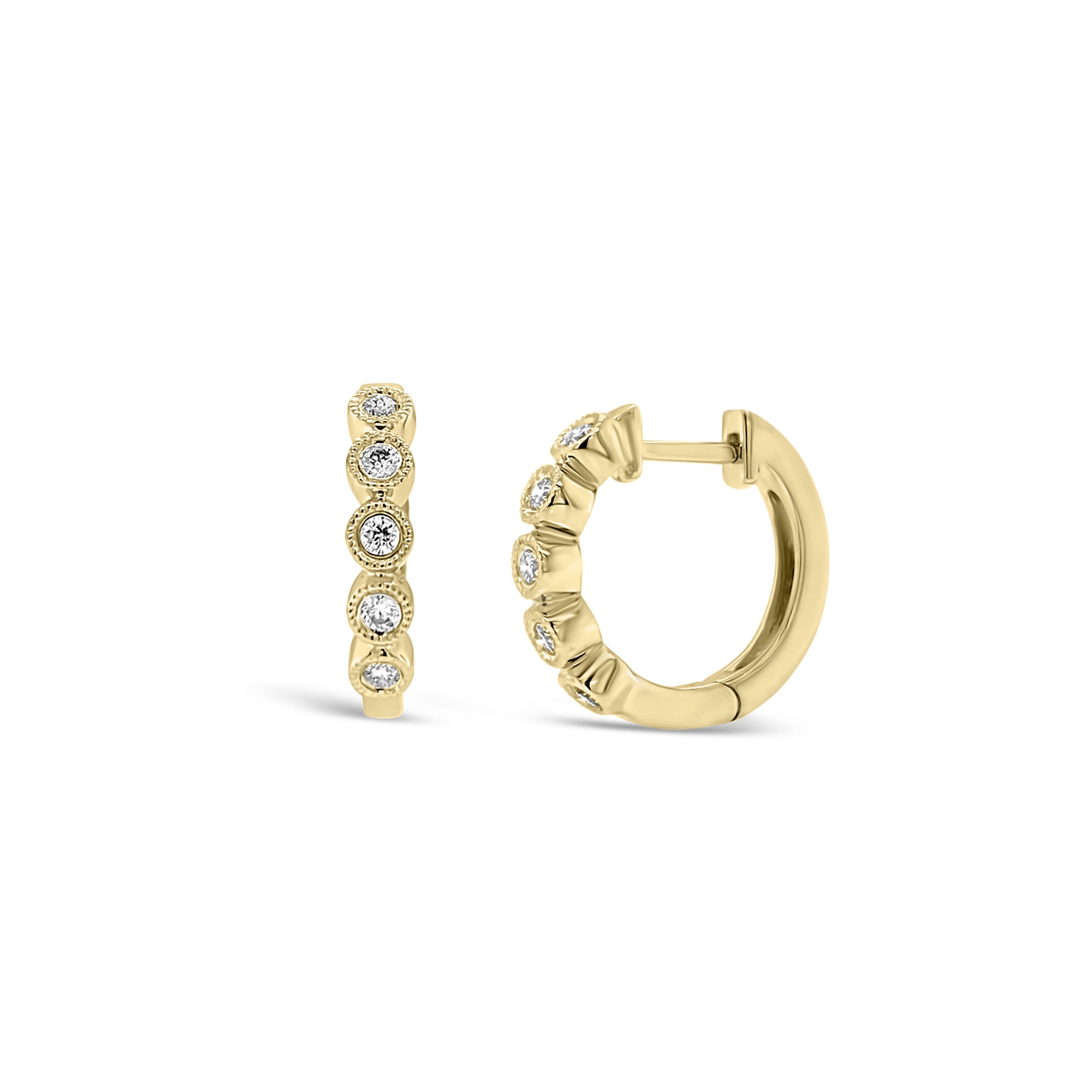 Diamond Huggie Earrings with Milgrain Detail - 14K white gold weighing 2.08 grams  - 10 round diamonds totaling 0.12 carats