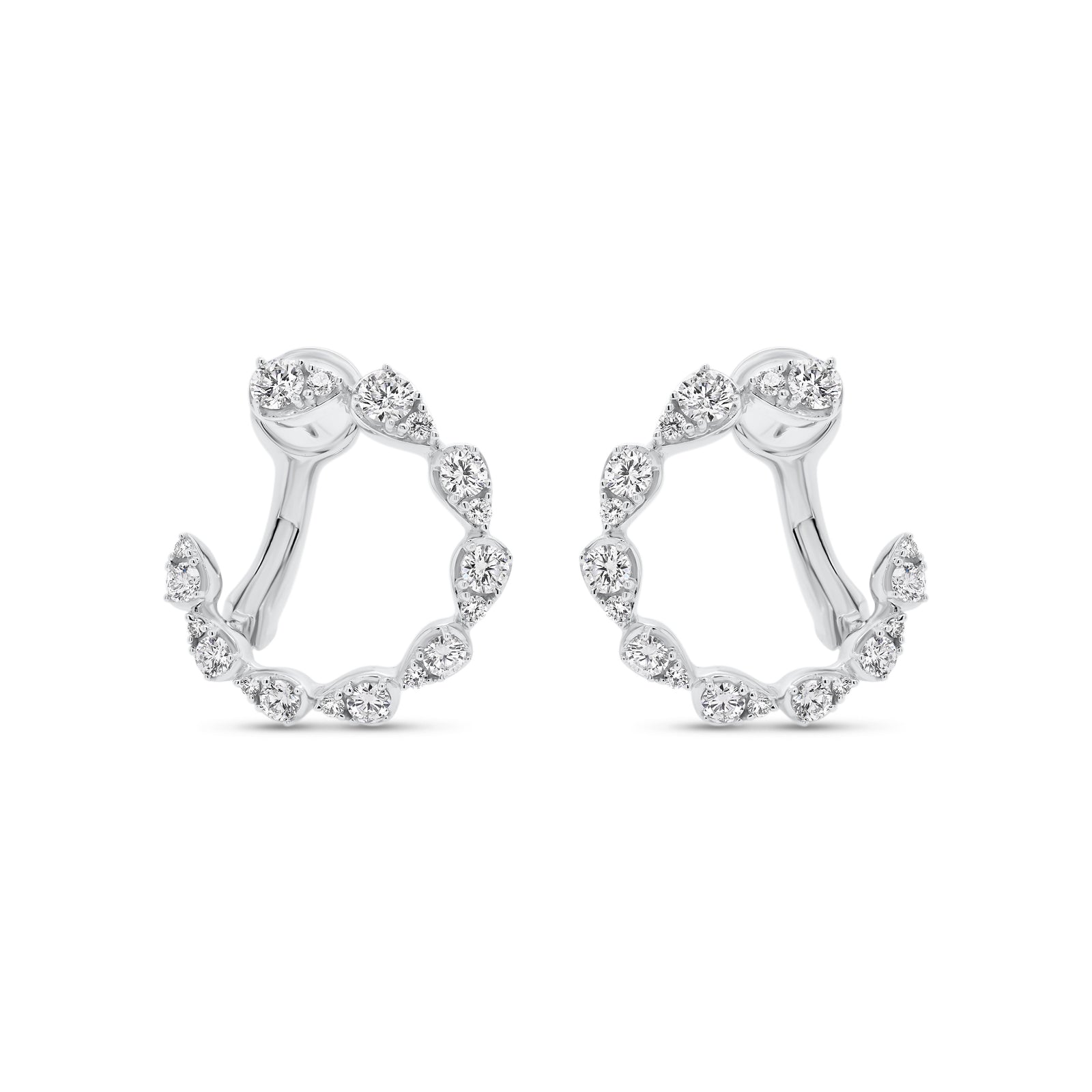 Diamond teardrops front-facing hoop earrings - 14K white gold weighing 3.76 grams  - 8 round diamonds totaling 0.38 carats  - 28 round diamonds totaling 0.36 carats