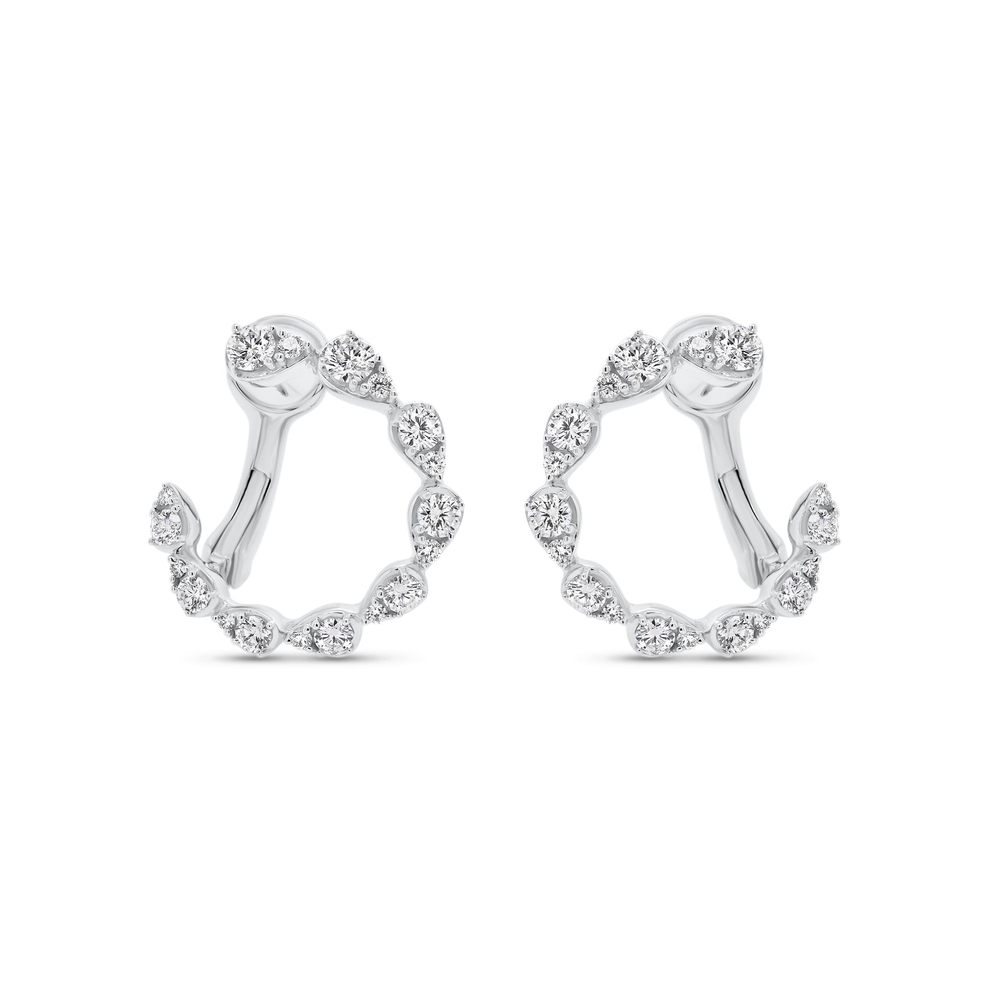 Diamond teardrops front-facing hoop earrings - 14K white gold weighing 3.76 grams  - 8 round diamonds totaling 0.38 carats  - 28 round diamonds totaling 0.36 carats
