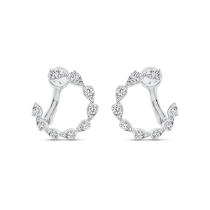 Diamond teardrops front-facing hoop earrings - 14K white gold weighing 3.76 grams  - 8 round diamonds totaling 0.38 carats  - 28 round diamonds totaling 0.36 carats