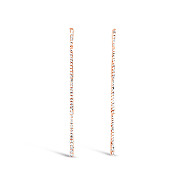 Diamond Classic Linear Dangle Earrings -18K rose gold weighing 3.99 grams -90 round diamonds totaling 0.76 carats