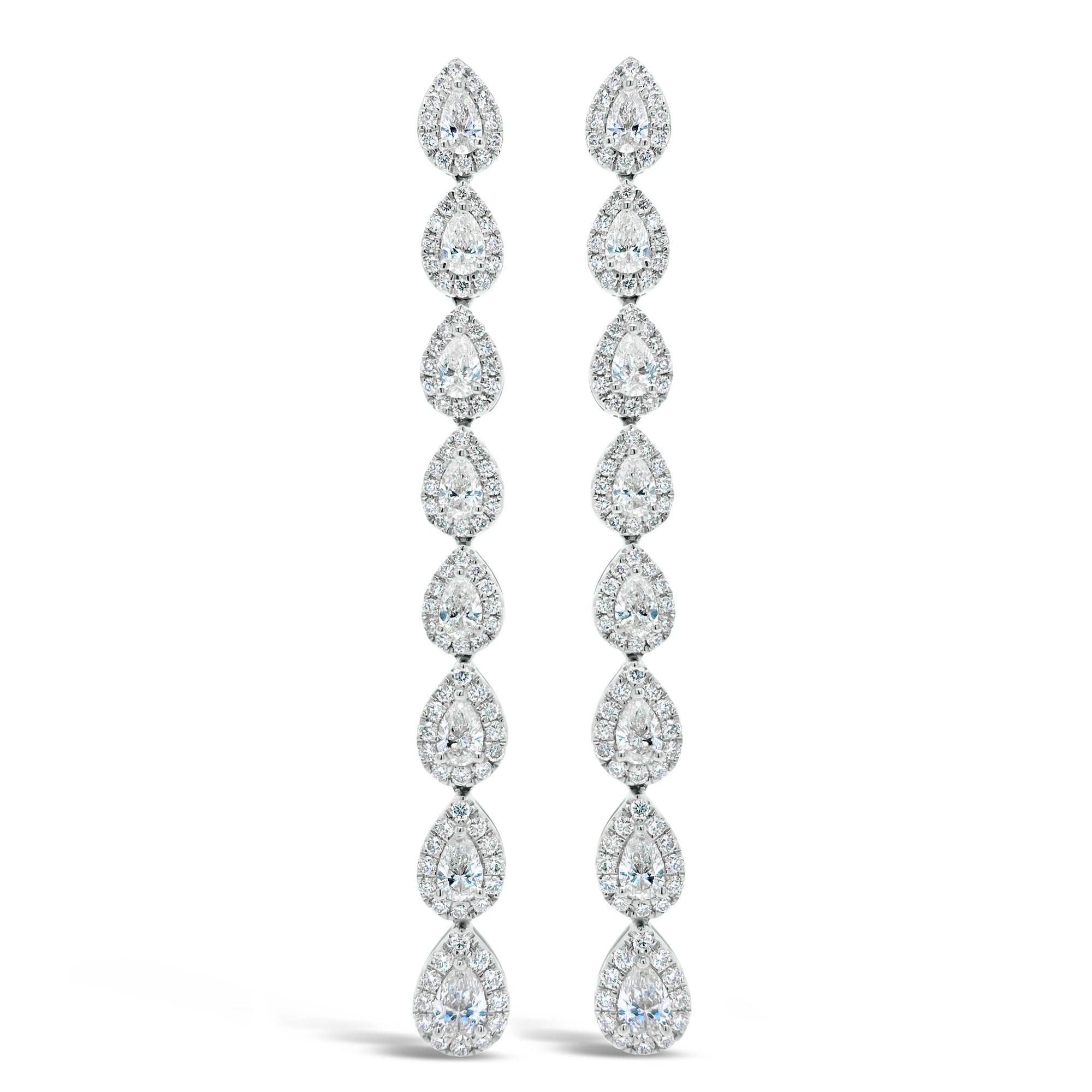 Diamond Teardrop Long Dangle Earrings  - 18K gold weighing 8.24 grams  - 192 round diamonds totaling 1.05 carats  - 16 pear-shaped diamonds totaling 1.85 carats