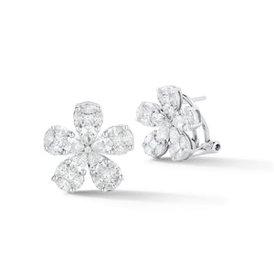 Diamond daisy stud earrings 18k gold, 5.93 grams, 10 pear shape prong-set diamonds .88 carats, 10 princess prong-set diamonds .27 carats, 30 marquise prong-set diamonds .84 carats.