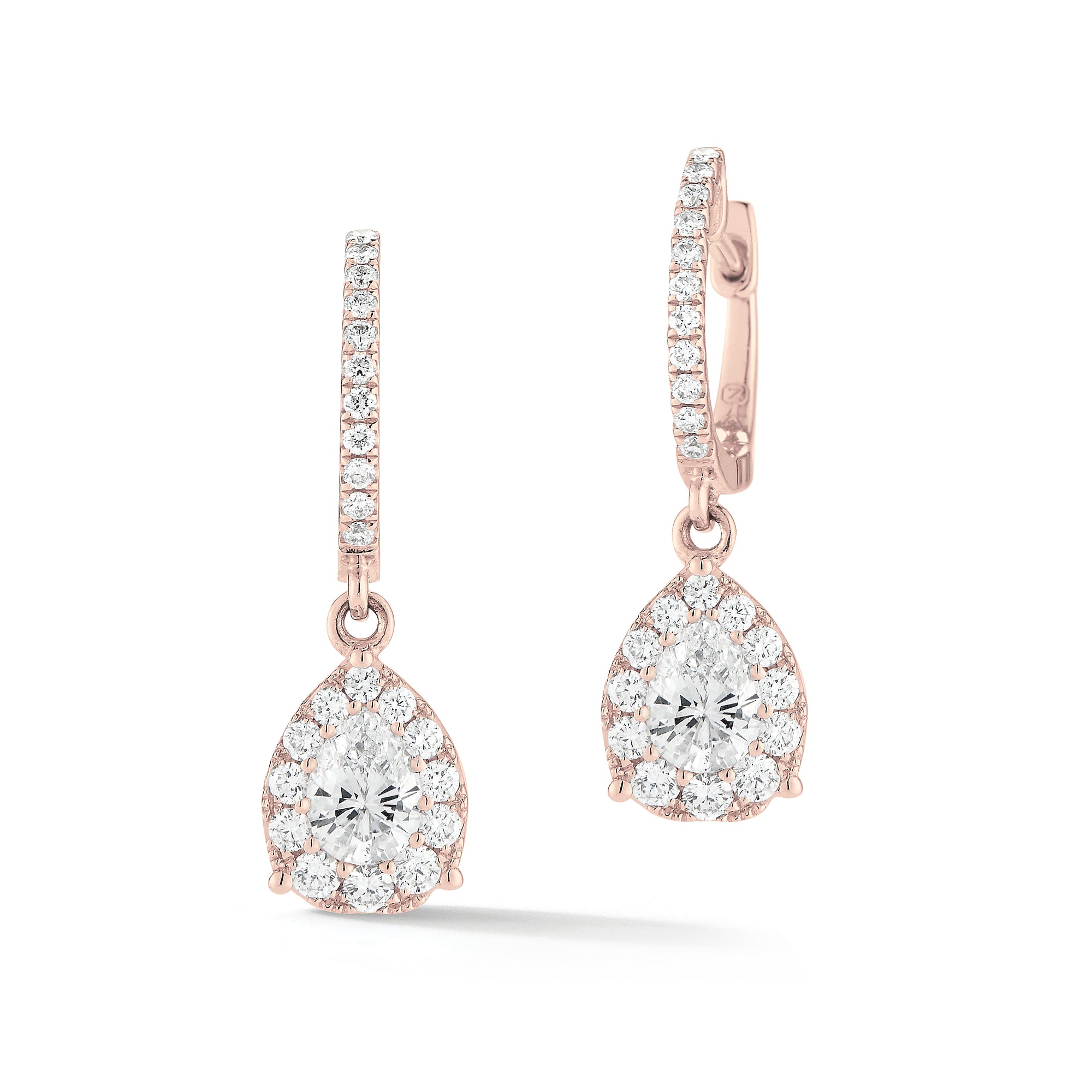 Diamond Pear-Shaped Halo Drop Earrings  -18K gold weighing 3.15 grams  -46 round shared prong-set diamonds totaling 0.49 carats  -2 pear-shaped diamonds totaling 0.66 carats.  Length 24 millimeters, width 7 millimeters.