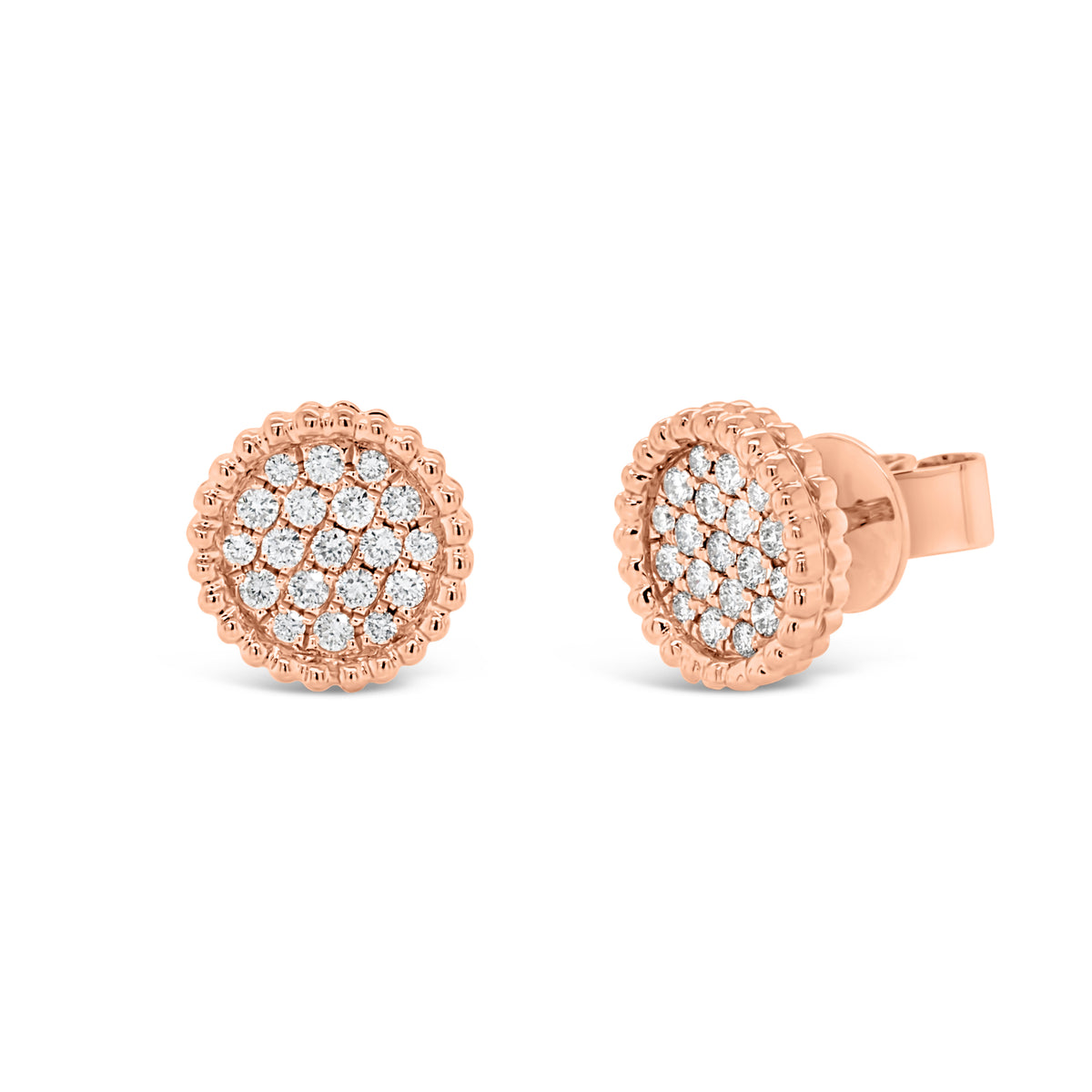 Pave diamond stud earring with beaded gold detail - 14K gold weighing 4.20 grams  - 38 round diamonds totaling 0.41 carats