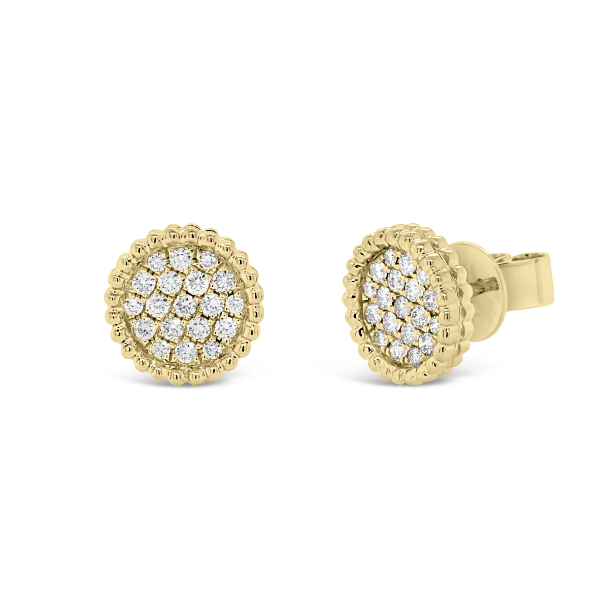 Pave diamond stud earring with beaded gold detail - 14K gold weighing 4.20 grams  - 38 round diamonds totaling 0.41 carats