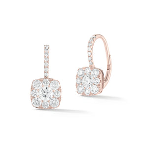 Diamond Square Cluster Lever-Back Earrings  -18K gold weighing 2.79 grams  -30 round shared prong-set diamonds totaling 0.93 carats  -2 round diamonds totaling 0.52 carats.