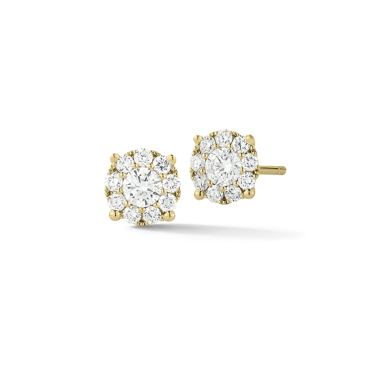 0.56ct round diamond cluster earrings- 18k gold weighing 1.29 grams  - 18 round shared prong-set diamonds totaling .28 carats.  - 2 round shared prong-set diamonds totaling .28 carats.